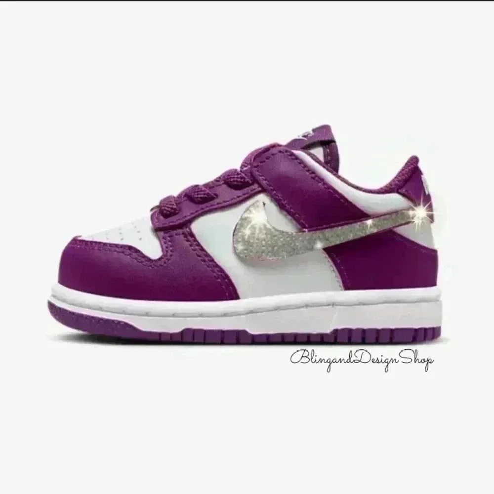 Nike Dunk Low Toddler Girls Sneakers Shoes Customized with Crystals Purple